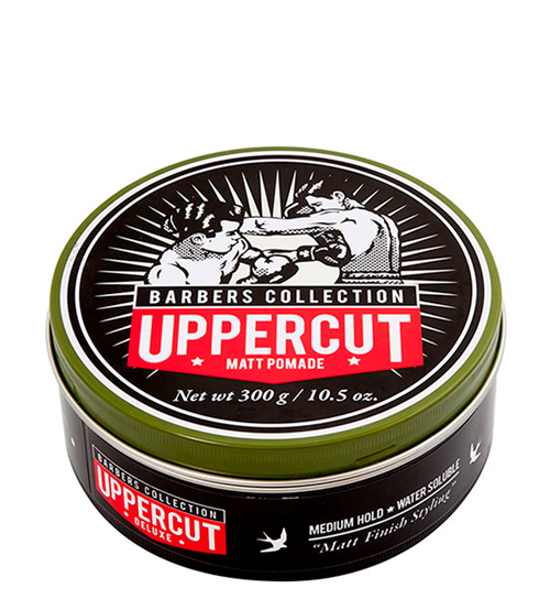 Embalagem redonda de pomada mate Uppercut Deluxe com ilustração de boxeadores
