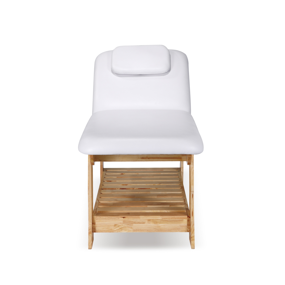 Cadeira de massagem em madeira clara com almofadado branco e apoio de cabeça