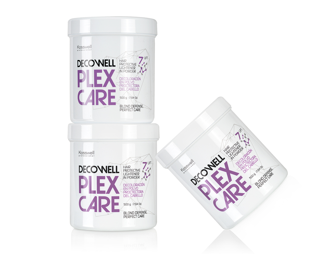 Três frascos brancos de DECONWELL PLEX CARE com rótulos roxos e pretos