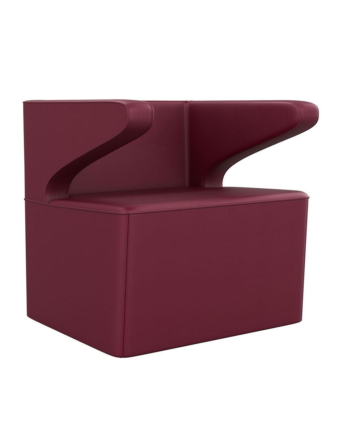 Poltrona moderna bordeaux com design angular e canto lateral direito elevado.