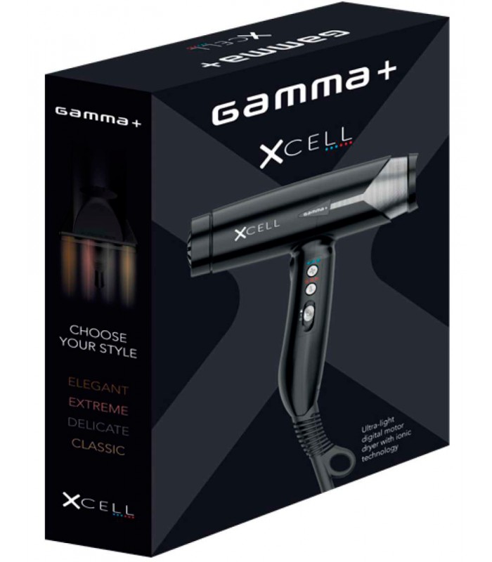 Embalagem de secador de cabelo Gamma+ XCELL preto com texto e design modernos