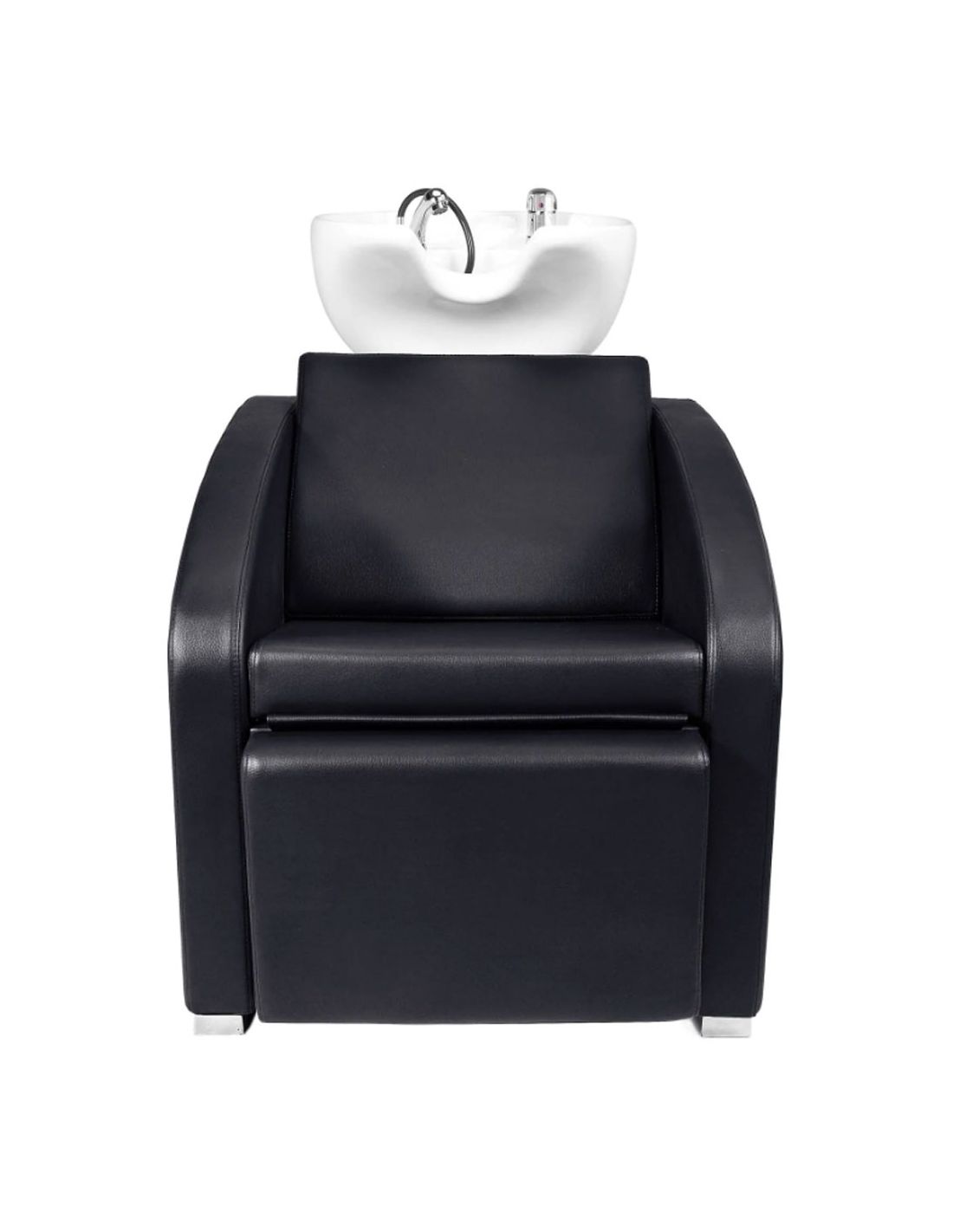 Cadeira de salão preta com bacia de lavagem branca