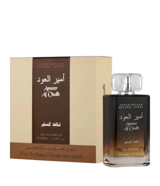 Frasco e embalagem de perfume Ameer Al Oudh em vidro e caixa bege e castanho