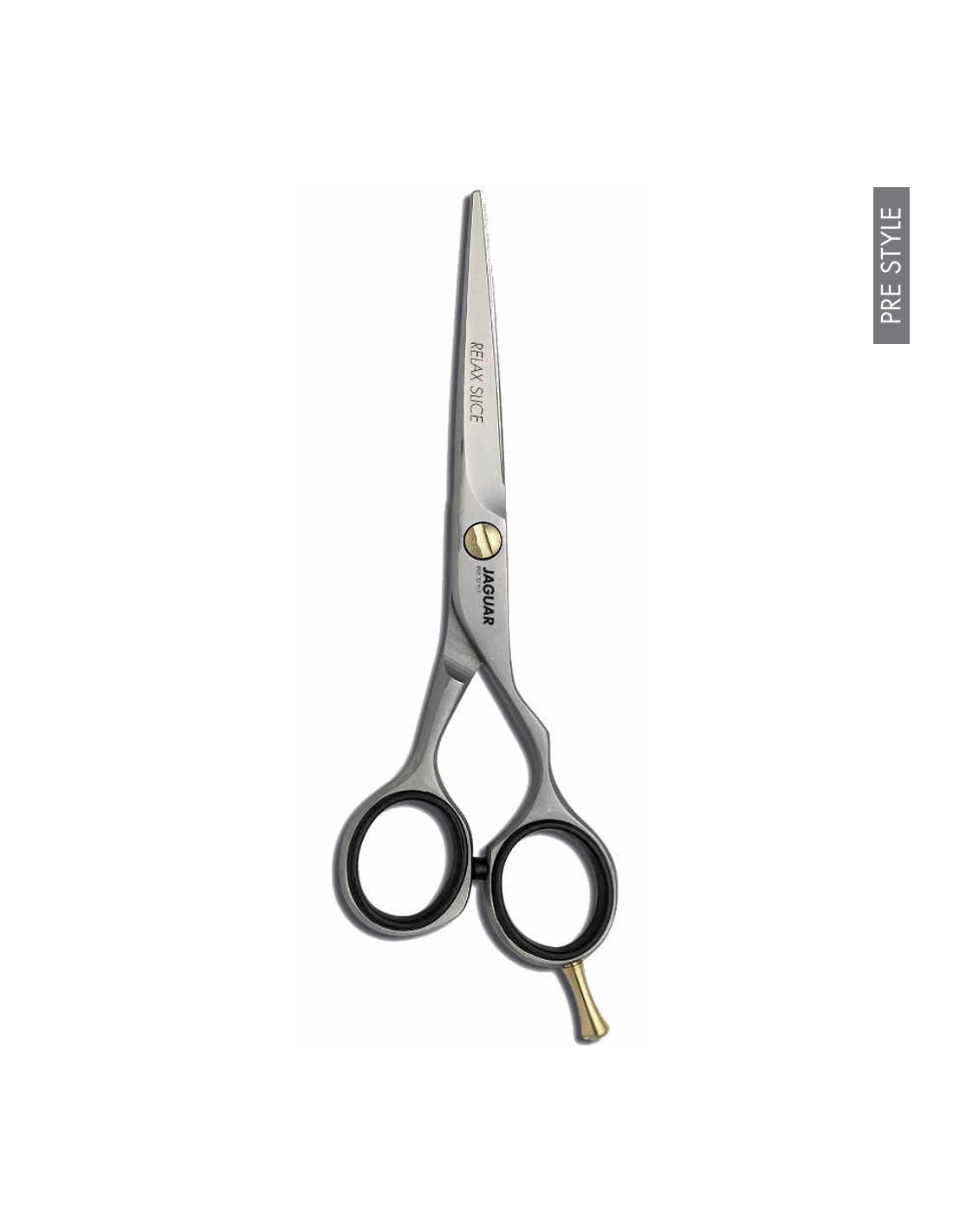 Tesoura de corte de cabelo prateada com empunhadura preta e detalhe dourado.