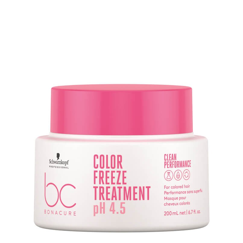 Frasco branco com tampa rosa do tratamento para cabelo COLOR FREEZE TREATMENT pH 4.5 da Schwarzkopf