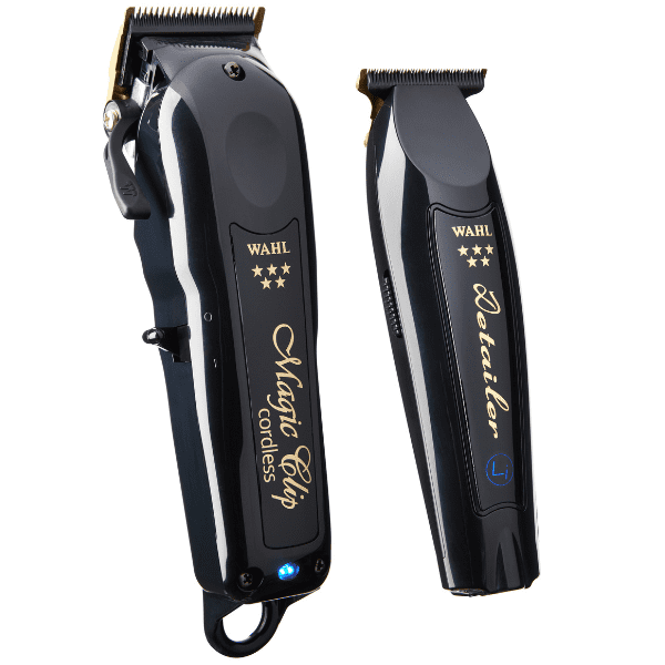 Dois aparadores de cabelo WAHL pretos com textos dourados Magic Clip Cordless e Detailer