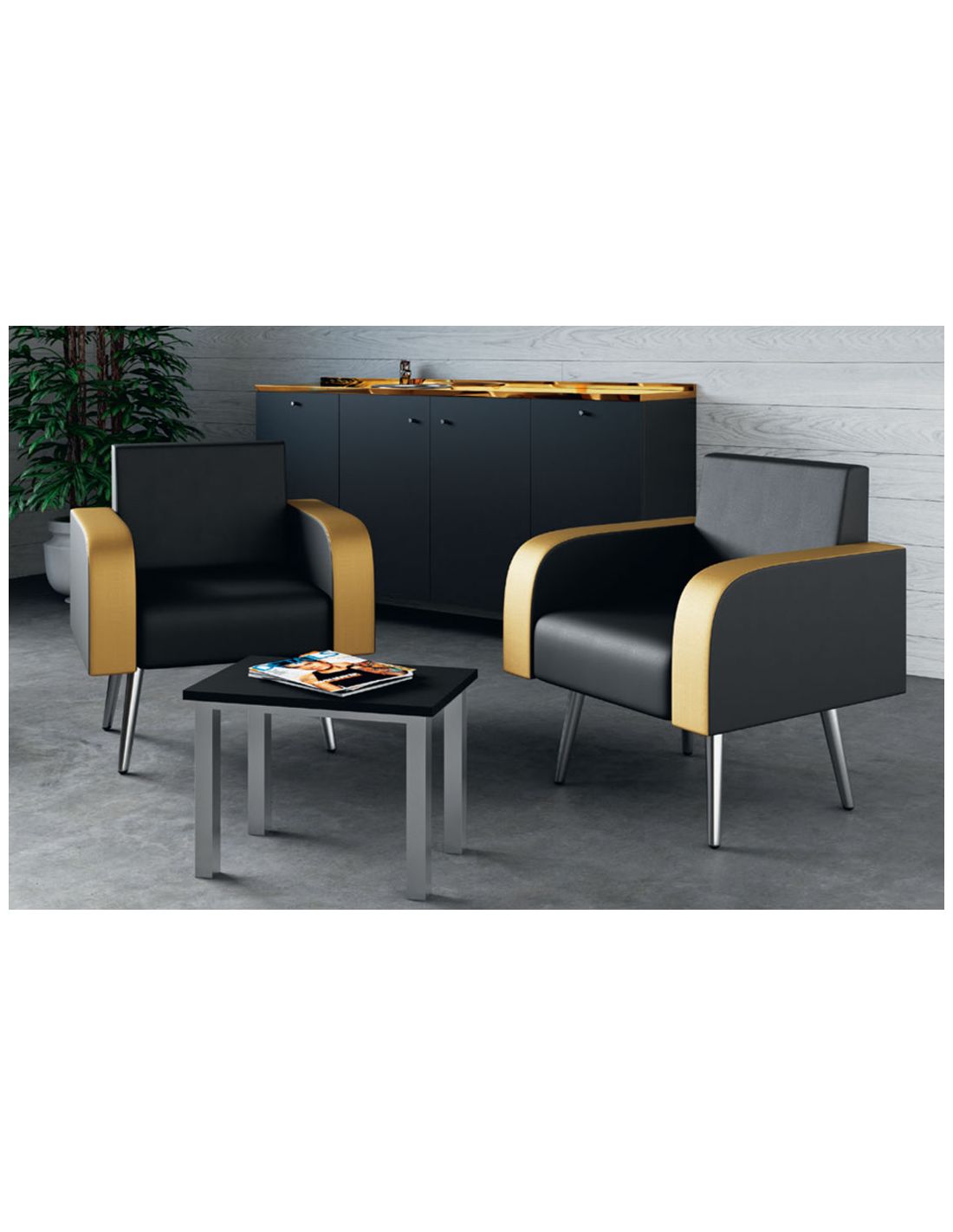 Conjunto de cadeiras pretas e douradas, mesa de centro preta e móvel preto numa sala com parede branca.