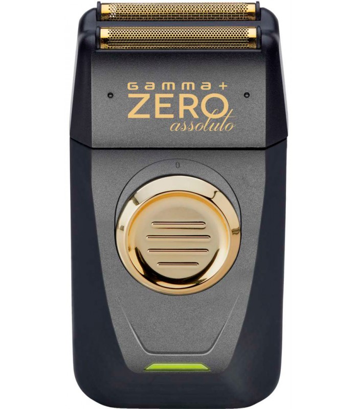 Aparelho de barbear elétrico preto e dourado com lâminas e botão circular