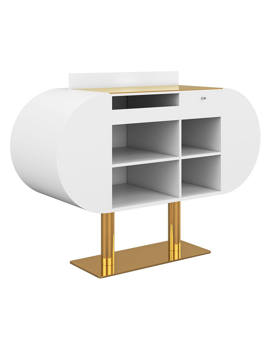 Móvel branco e dourado com prateleiras e gaveta