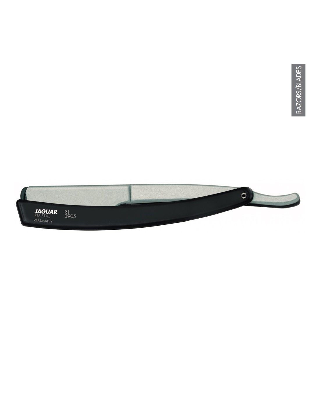 Navalha de barbear com cabo preto e lâmina de metal prateada