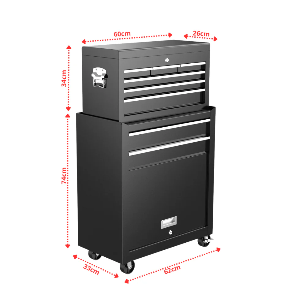 Armadura de ferramentas preta em metal com várias gavetas e rodas na base, com dimensões indicadas.