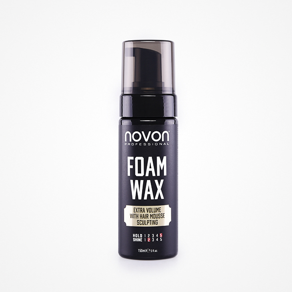 Frasco preto de espuma modeladora para cabelo Novon Professional Foam Wax com tampa transparente