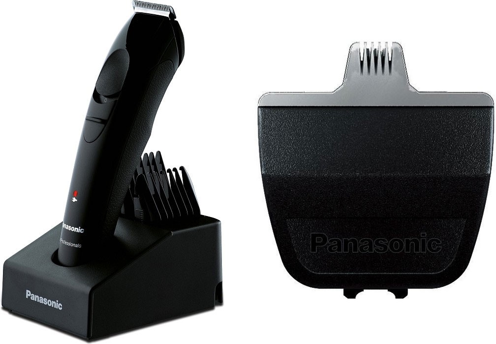 Aparelho de cortar cabelo Panasonic preto com base e pente acessório.