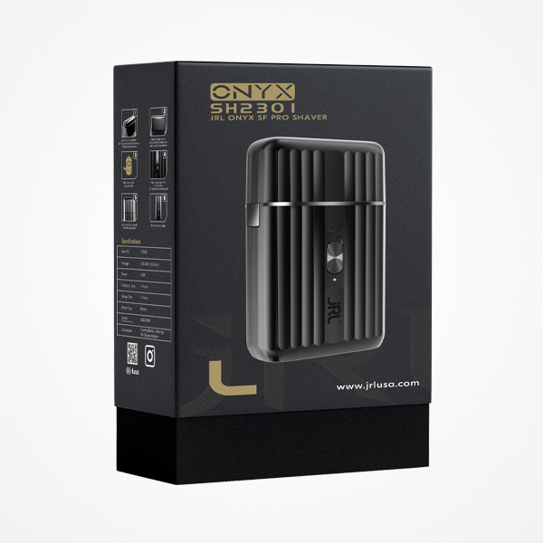 Caixa preta do produto JRL ONYX SH2301 com máquina de barbear preta