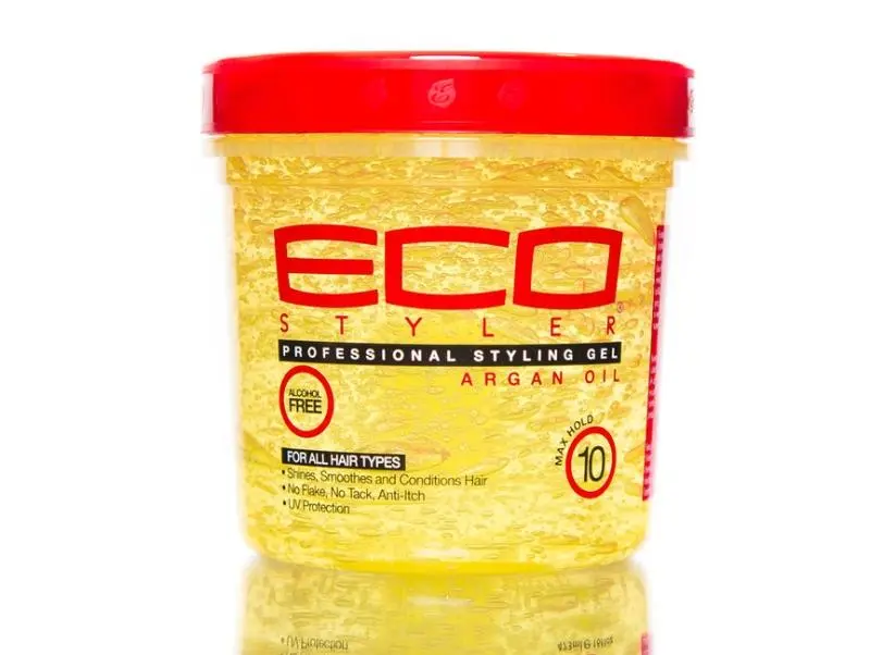 Gel de styling Eco Styler Argan Oil em embalagem transparente com tampa vermelha.