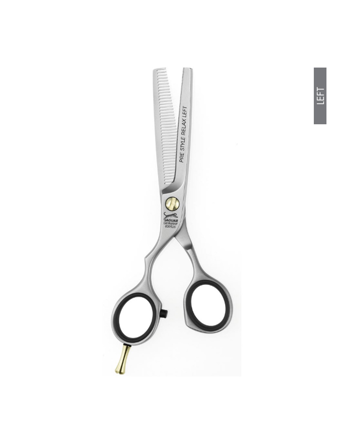 Tesoura de desbaste metálica prateada com anéis pretos e texto gravado PRE STYLE REAL LEFT