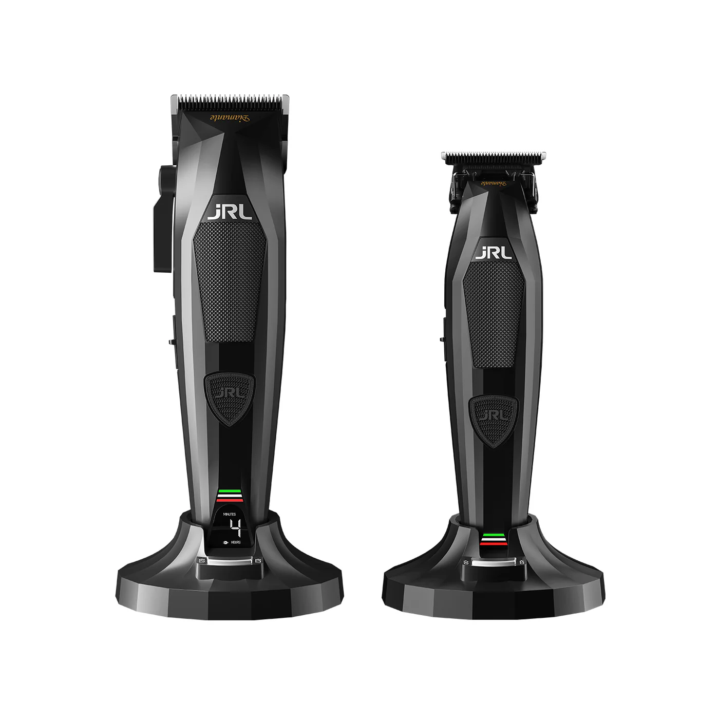 Dois cortadores de cabelo elétricos pretos JRL com base de suporte e display digital