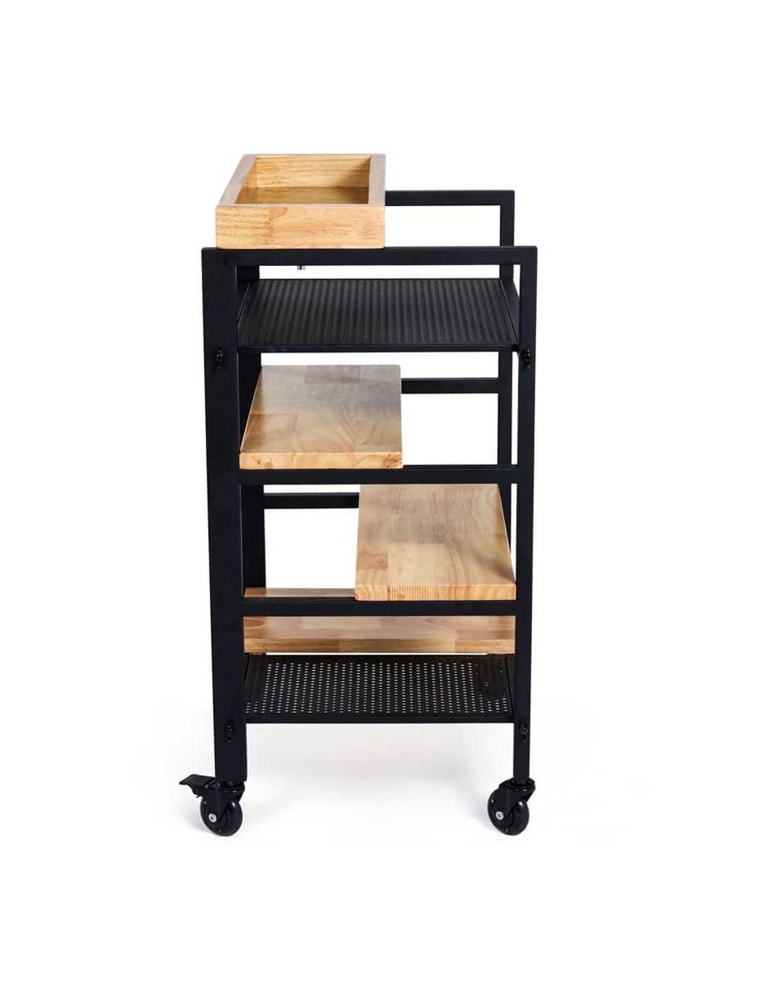 Carrinho de apoio metálico com prateleiras de madeira clara e rodas