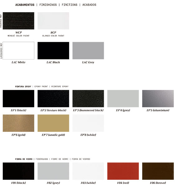 Tabela de acabamentos com amostras de cores e texturas para epóxi, laca e fibra de vidro