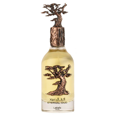 Frasco de perfume Eternal Oud com tampa decorativa em forma de árvore