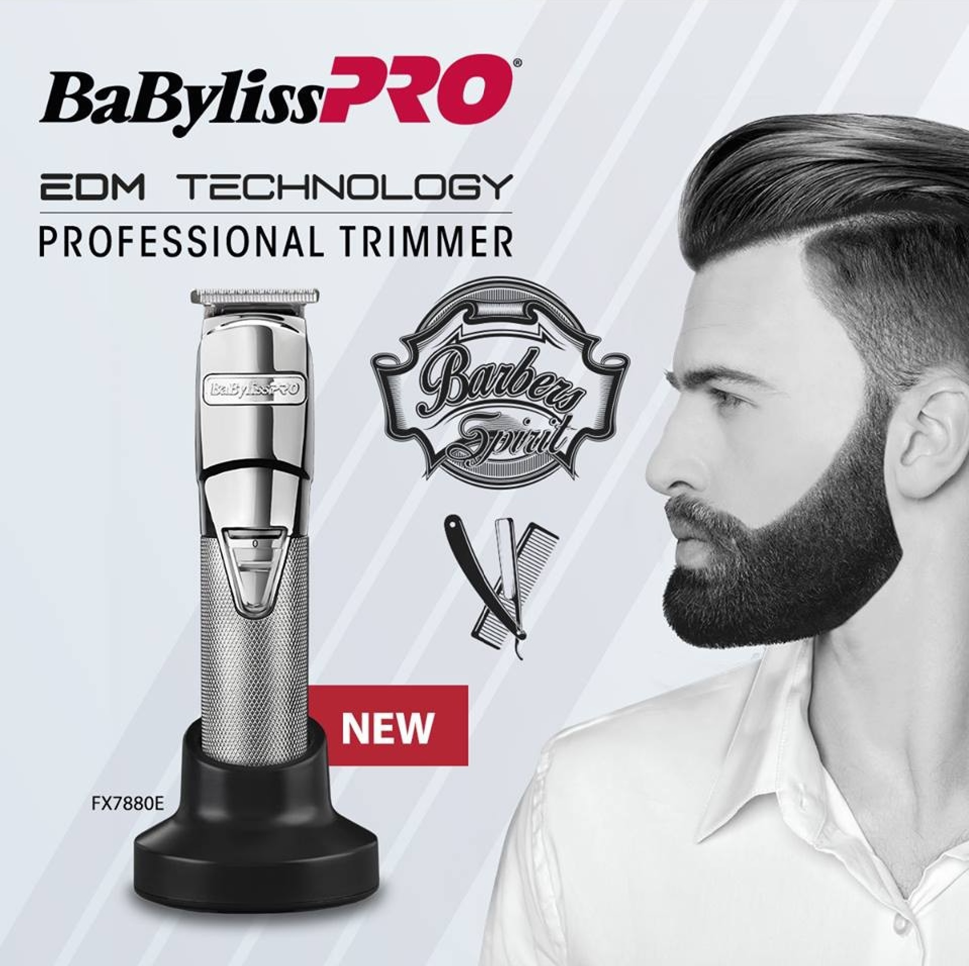 Aparador profissional BaByliss PRO EDM TECHNOLOGY e homem com cabelo e barba aparados