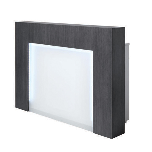 Móvel receção em madeira escura com painel luminoso branco