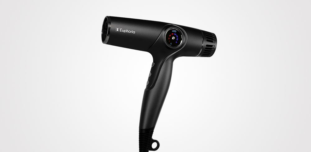 Secador de cabelo preto com texto Epilmecho na lateral