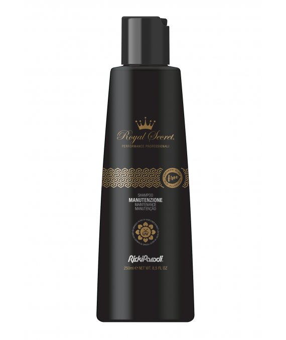 Frasco preto de champô Royal Secret com texto dourado, tampa preta e capacidade de 250 ml