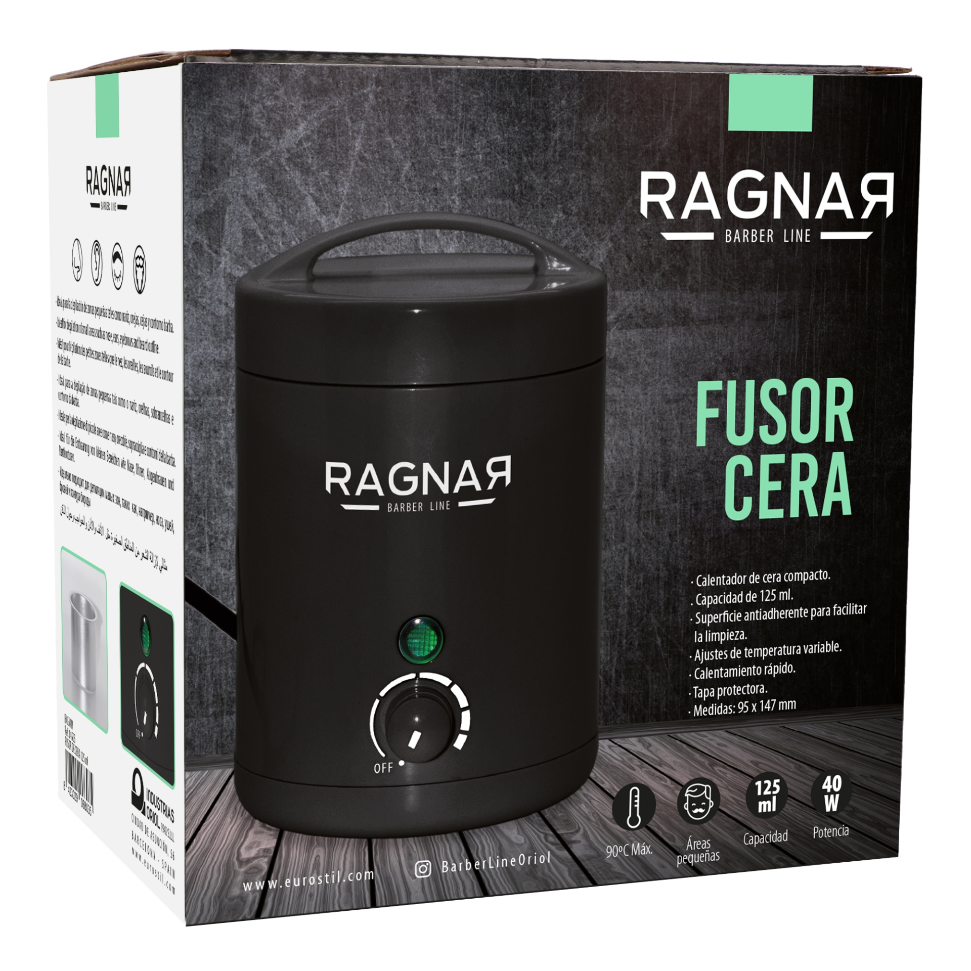 Embalagem de fusor de cera RAGNAR preto com texto descritivo e ícones