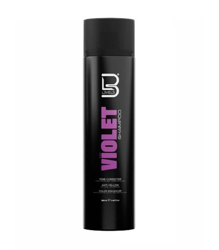 Frasco preto de champô LEVEL3 VIOLET SHAMPOO com texto roxo e branco