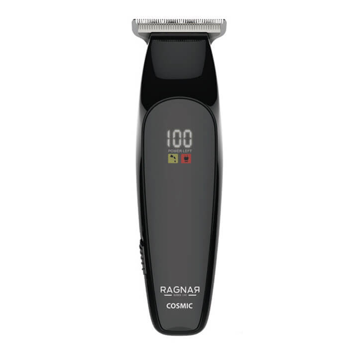 Aparelho de barbear preto com visor digital '100' e texto RAGNAR COSMIC.