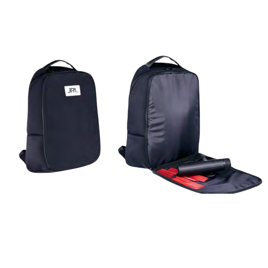 Mochila preta JRL com interior aberto e acessórios vermelhos e pretos