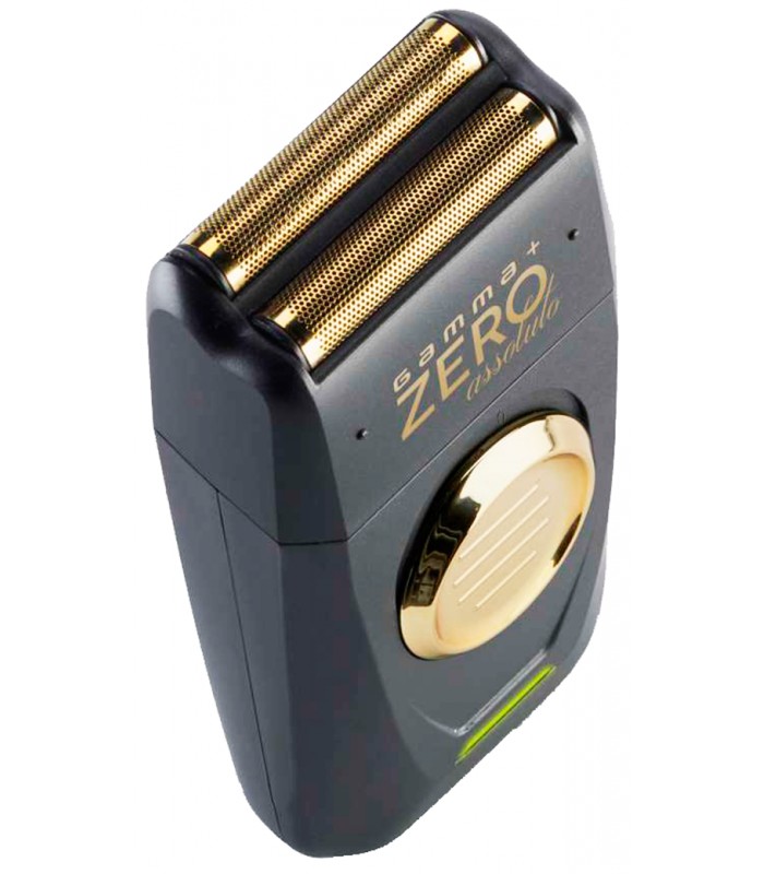 Aparelho de barbear elétrico cinza com detalhes dourados