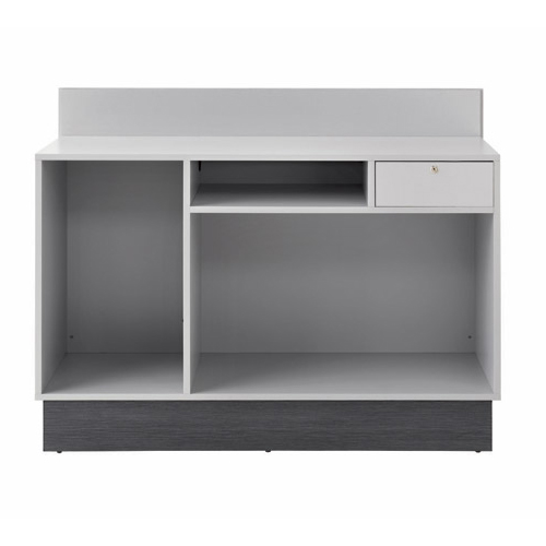 Móvel organizador branco com compartimentos e gaveta cinza escuro