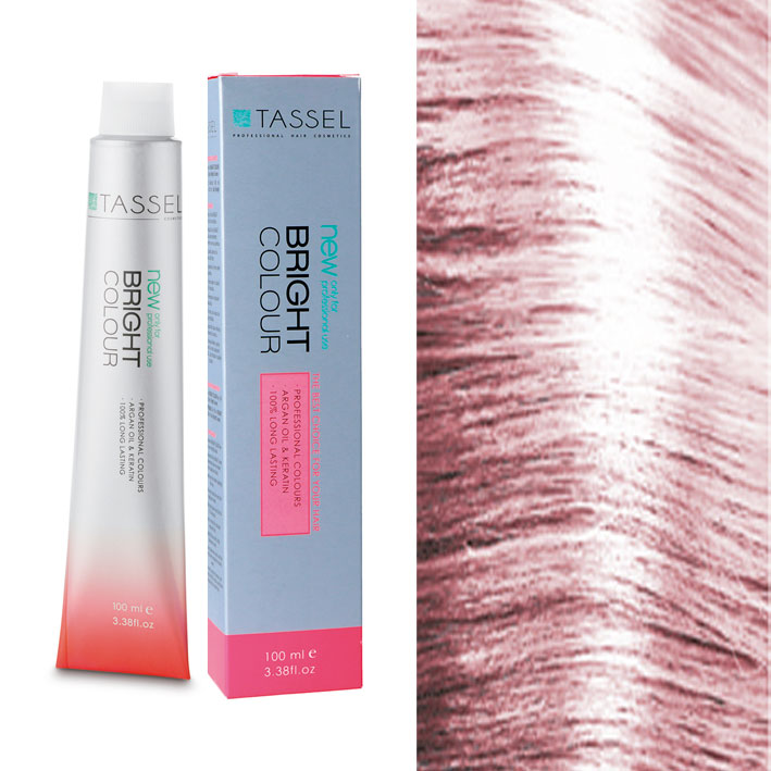 Tubo e caixa de coloração de cabelo TASSEL Bright Colour e amostra de cor rosa avermelhada.