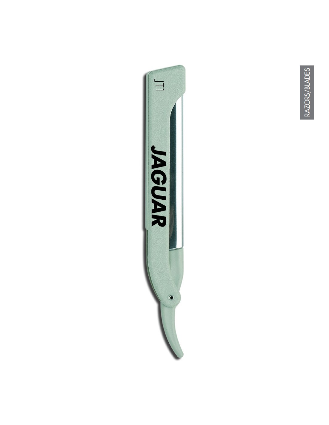 Navalha de barbear verde menta com lâmina e texto 'JAGUAR' no cabo