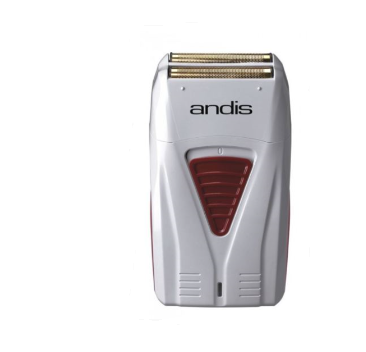 Aparelho de barbear elétrico pequeno branco com detalhes vermelhos e lâminas douradas