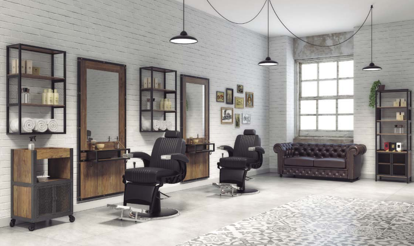 Salão de barbeiro com cadeiras pretas, espelhos e sofá de couro
