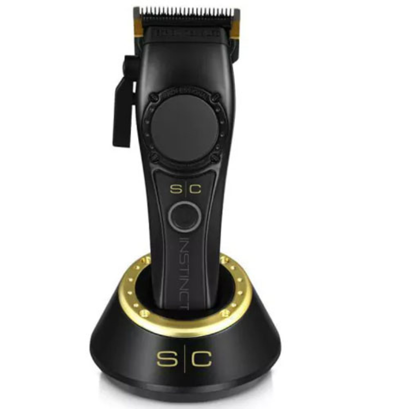 Máquina de cortar cabelo elétrica preta com suporte preto e detalhes dourados