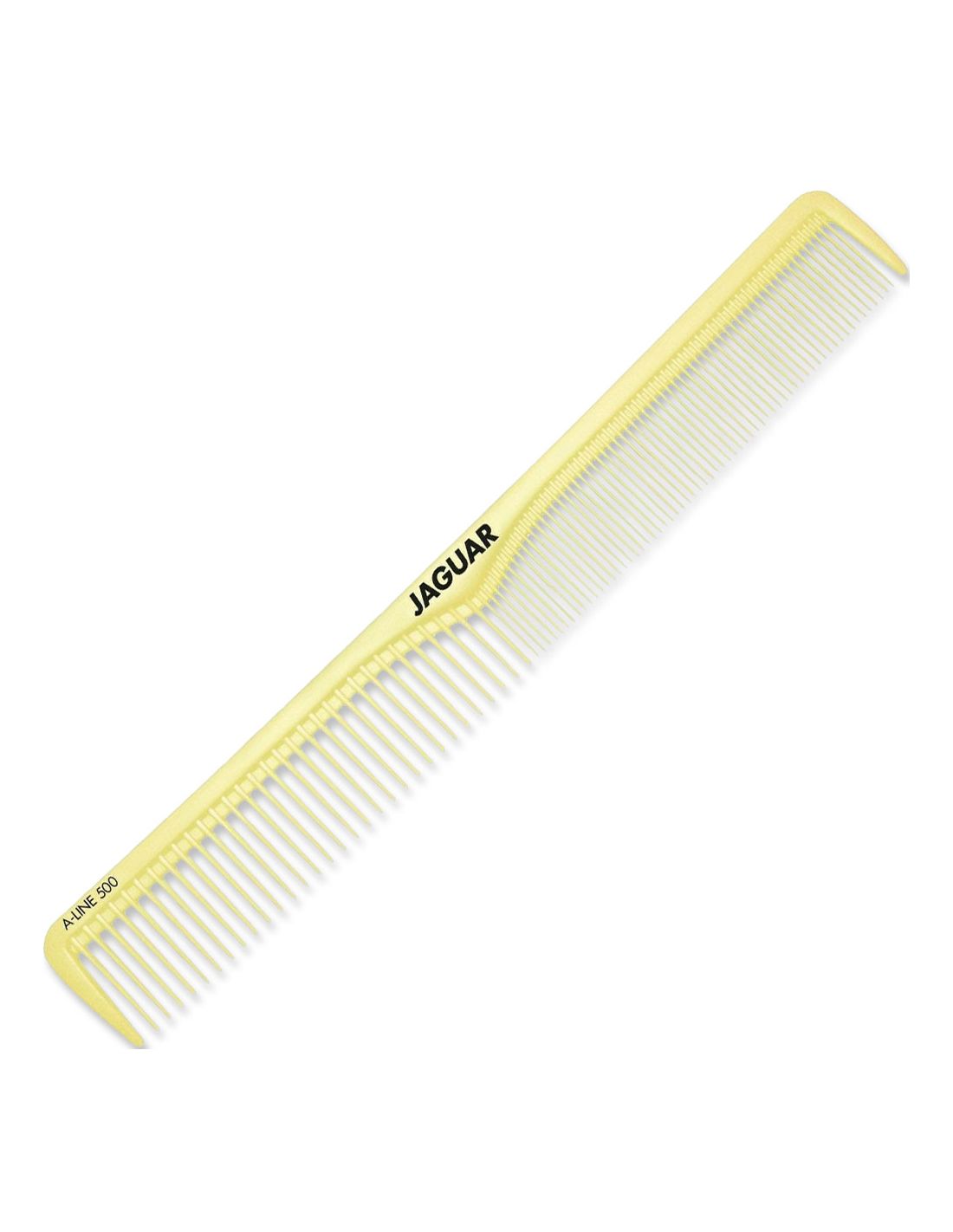 Pente amarelo de plástico com dentes finos e texto preto