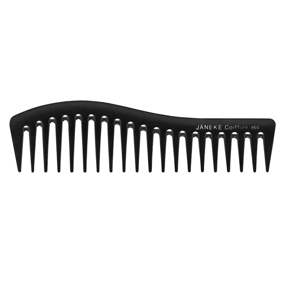 Pente preto de plástico com dentes largos e texto 'JANEKE Coiffure 805'