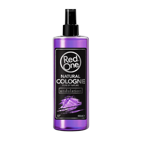 Frasco de colónia natural Red One roxa com rótulo preto e branco