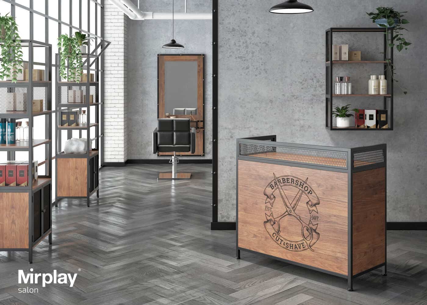 Receção de barbearia com balcão em madeira e metal e cadeira preta