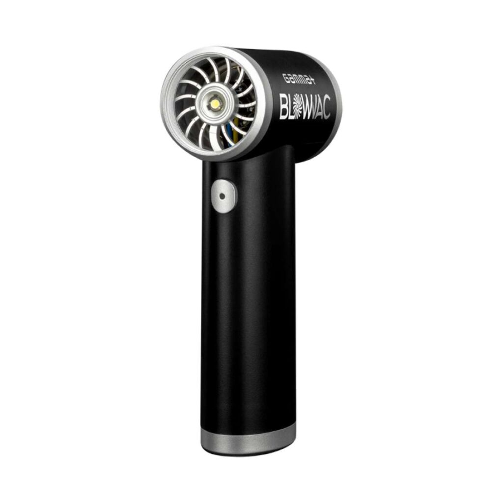 Aparelho portátil negro com ventilador frontal e texto BLOWWAC