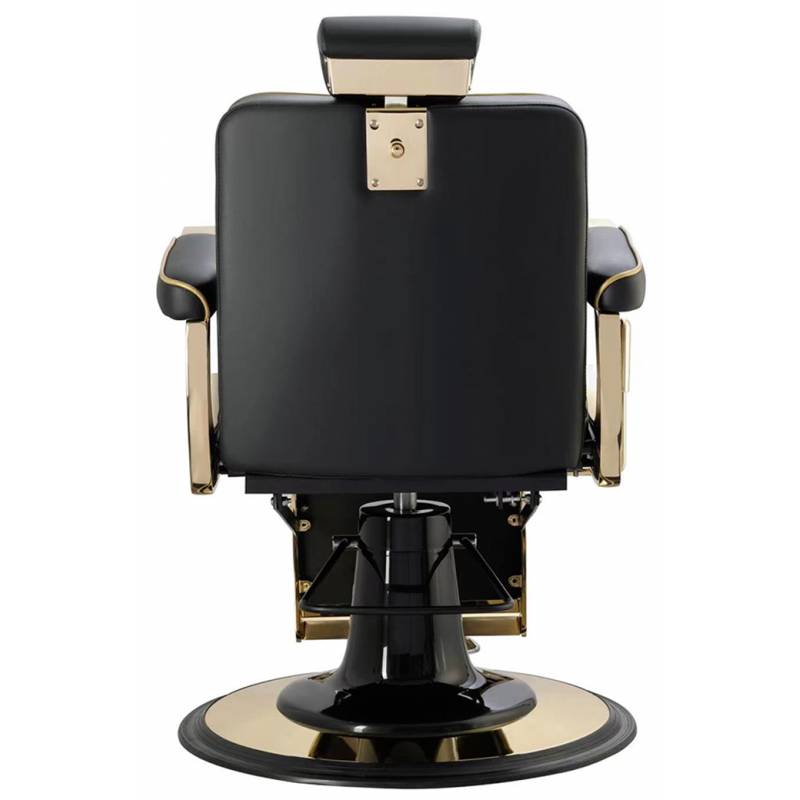 Cadeira de barbeiro preta com detalhes dourados vista de trás