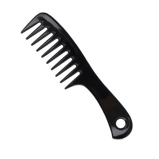 Pente preto de plástico com dentes largos e alça com orifício