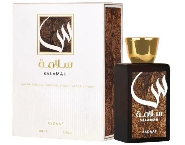Frasco de perfume Salamah da Asdaaf com caixa branca ao lado.