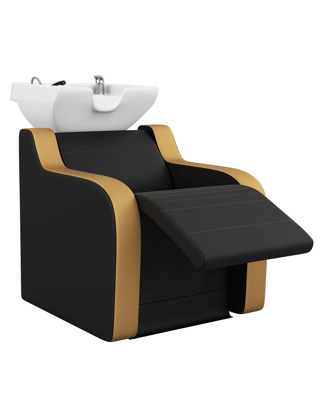 Cadeira lavatório preta com detalhes castanhos e lavatório cerâmico branco