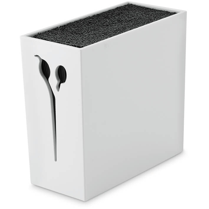 Organizador de talheres branco com suporte preto e recorte lateral em forma de folhas