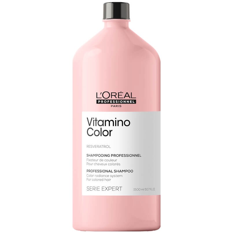 Frasco cor-de-rosa de champô profissional L'Oréal Vitamino Color 1500 ml